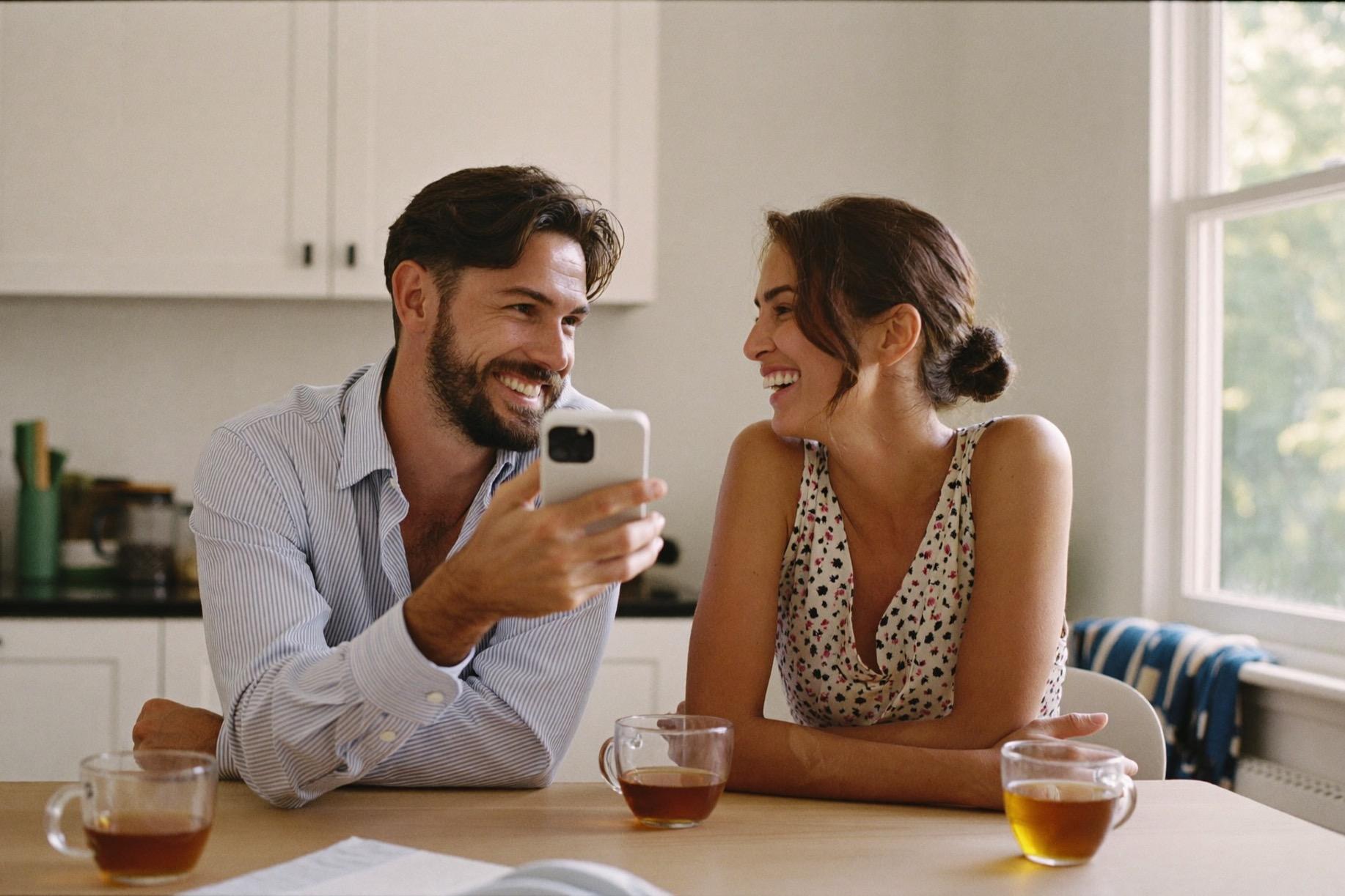 A couple at their kitchen table reviewing responses to their job on a phone